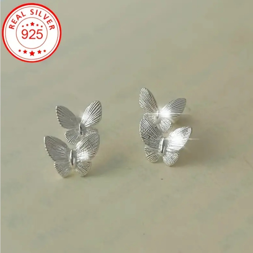 Sterling Silver Double Butterfly Stud Earrings - Picture 2 of 3